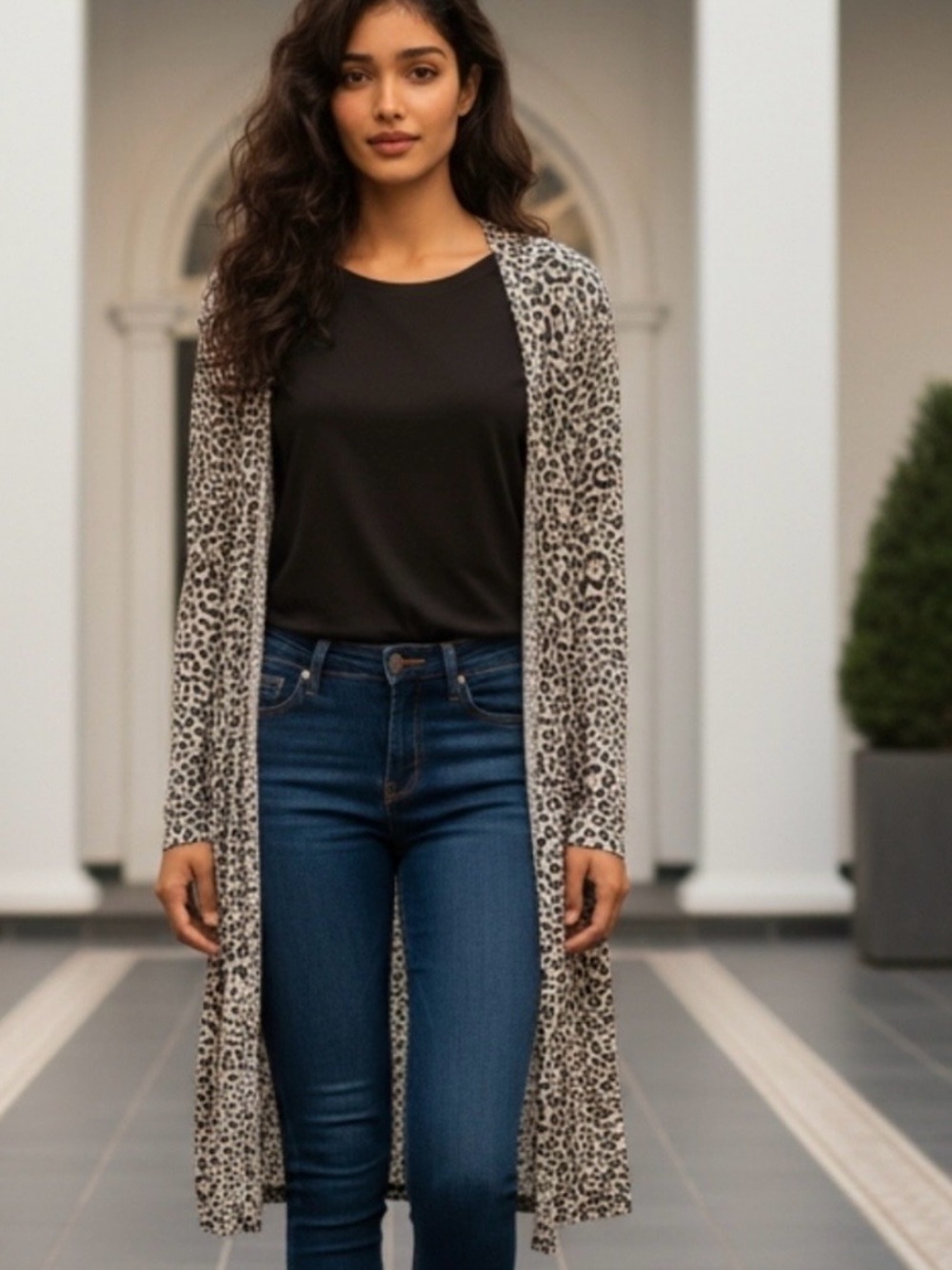 Zenana Long Leopard Print Open-Front Cardigan - Black/White